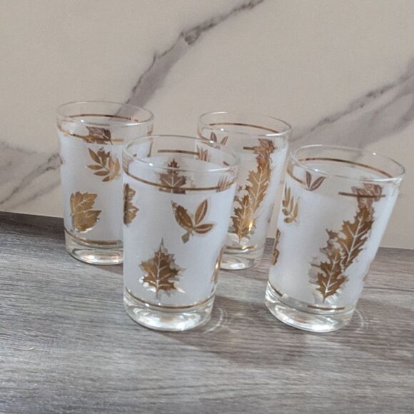 Libbey Vintage Gold Leaf Juice Glasses Set Of 4 Frosted Leaf Design Retro 4" - Picture 3 of 5